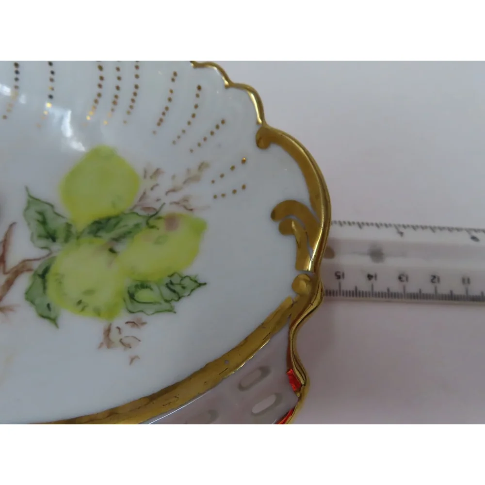 Vtg Hand Painted Nappy Lemon Dish Trinket Jewelry Tray GOLD GILT 1977